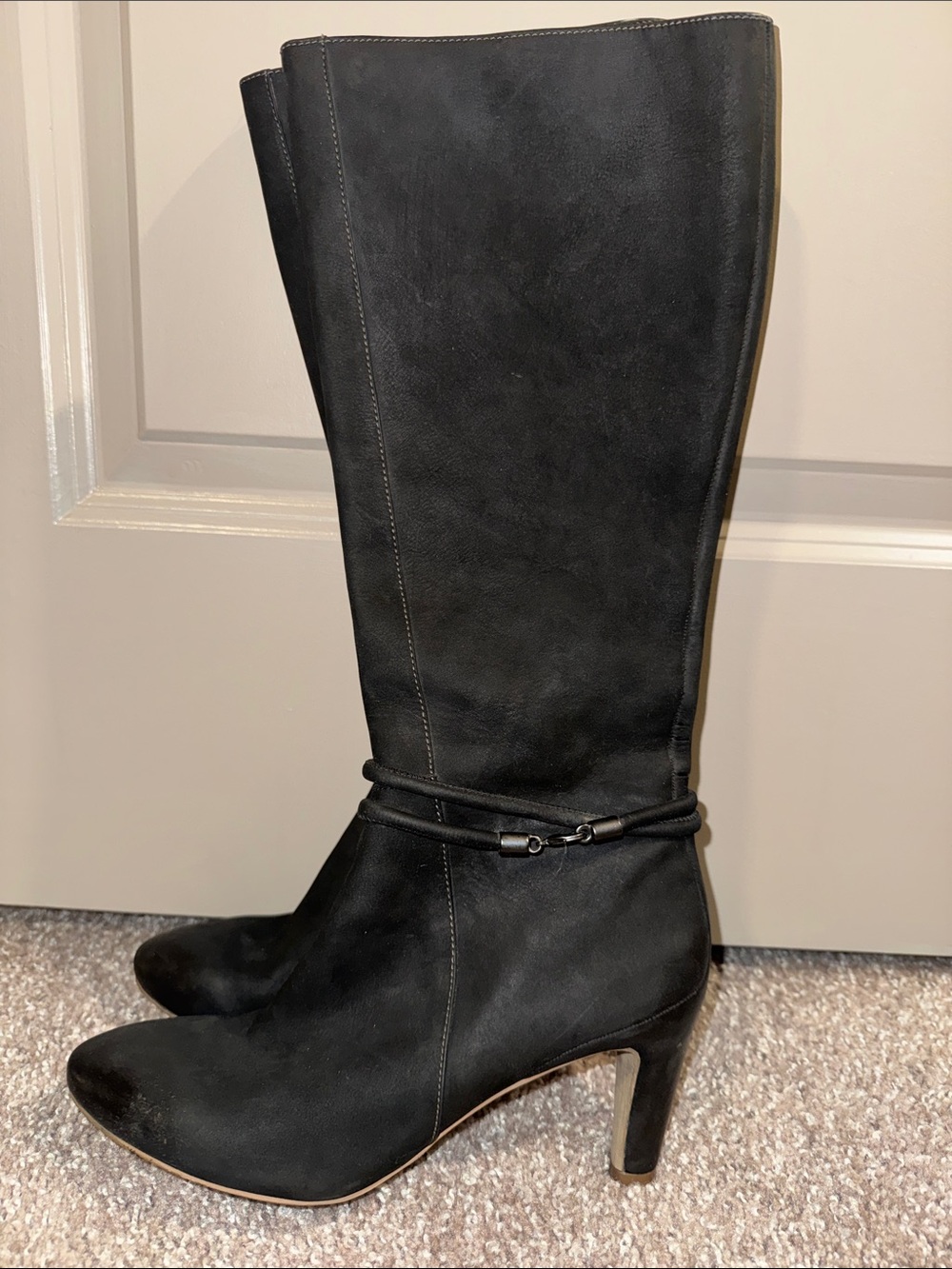 Ecco Black Knee-High Suede Heeled Boots with Wrap Strap